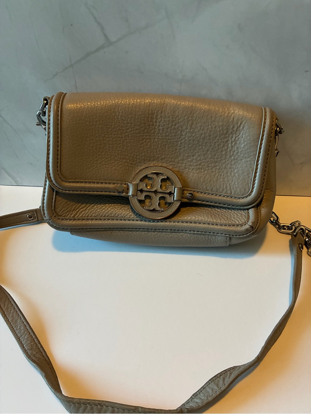 Tory Burch Olive-Taupe Pebbled Leather Crossbody